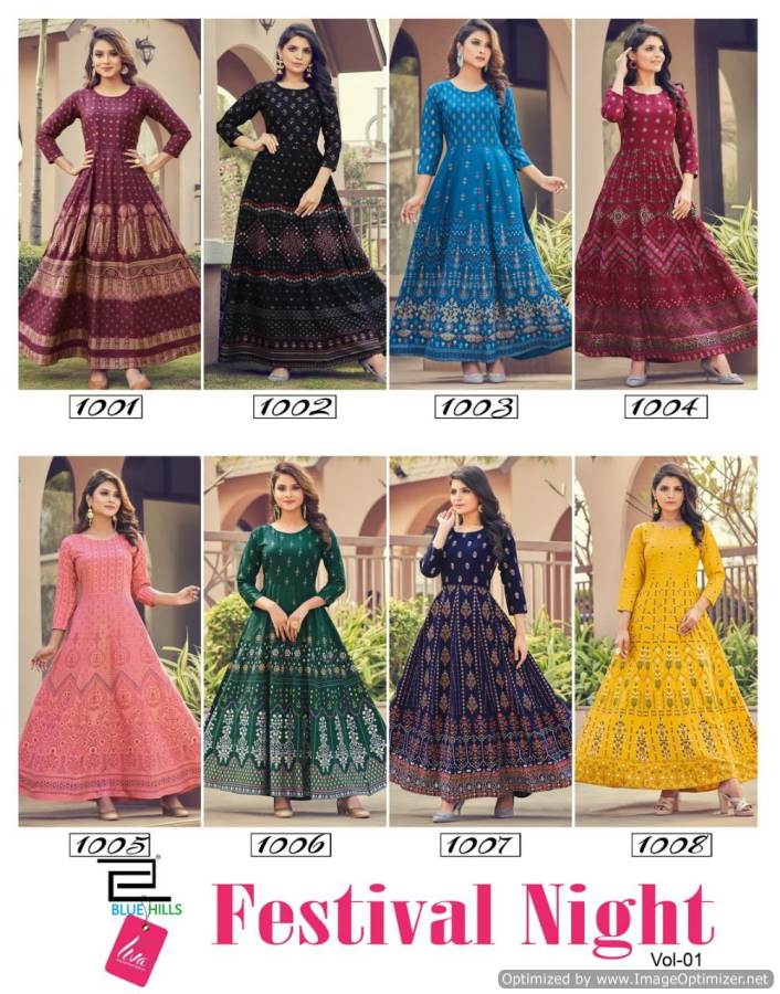 Blue Hills Festival Night 1 Fancy Ethnic Wear Anarkali Rayon Long Kurti Collection